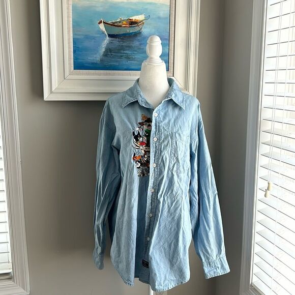 Vintage 90s Warner Brothers Longsleeve Looney Tunes Denim Buttonup Top Medium - Picture 2 of 11
